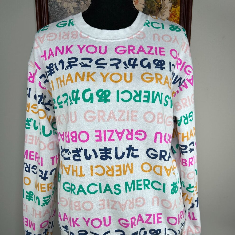 Wound Up Sweatshirt Top Women's Small Multicolor Multilingual Thank You Graphic